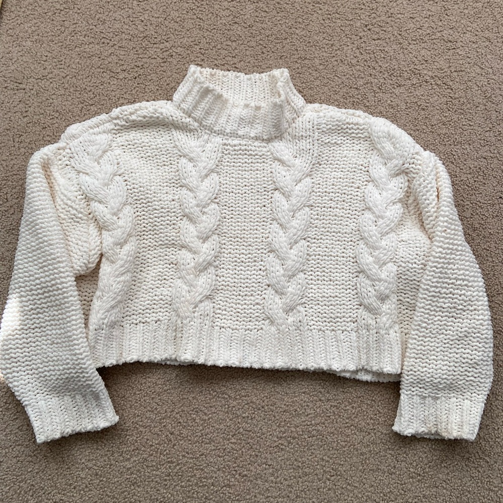 Altar'd State Cream Cable Knit Cropped Turtleneck Sweater